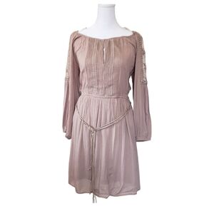 Purple Snow Women's Taupe Brown Peasant Dress Lace Detail Sleeves Size L
